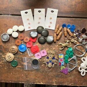 Buttons, Sewing Accessories & Small Gold Colored Bow Buckle.  69 pieces.